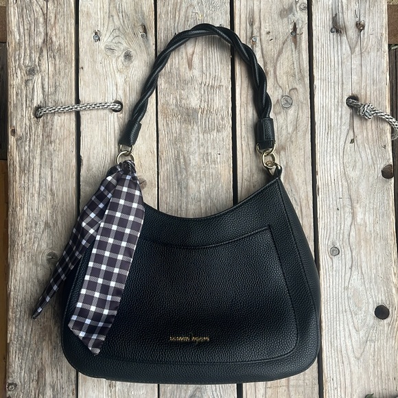 Nanette Lepore Vegan Leather “Annette” Shoulder Bag - Black With Checkered Scarf - Picture 4 of 13